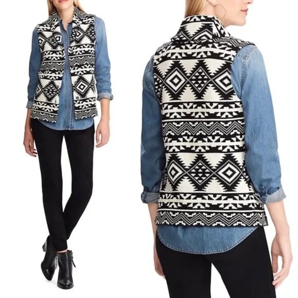 Chaps Black & Cream Aztec Tribal SW Print Button Down Sweater Vest size XL - Picture 1 of 7